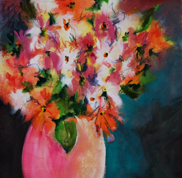 Click here to view Bouquet in a Pink Vase by Calvin deRuyter